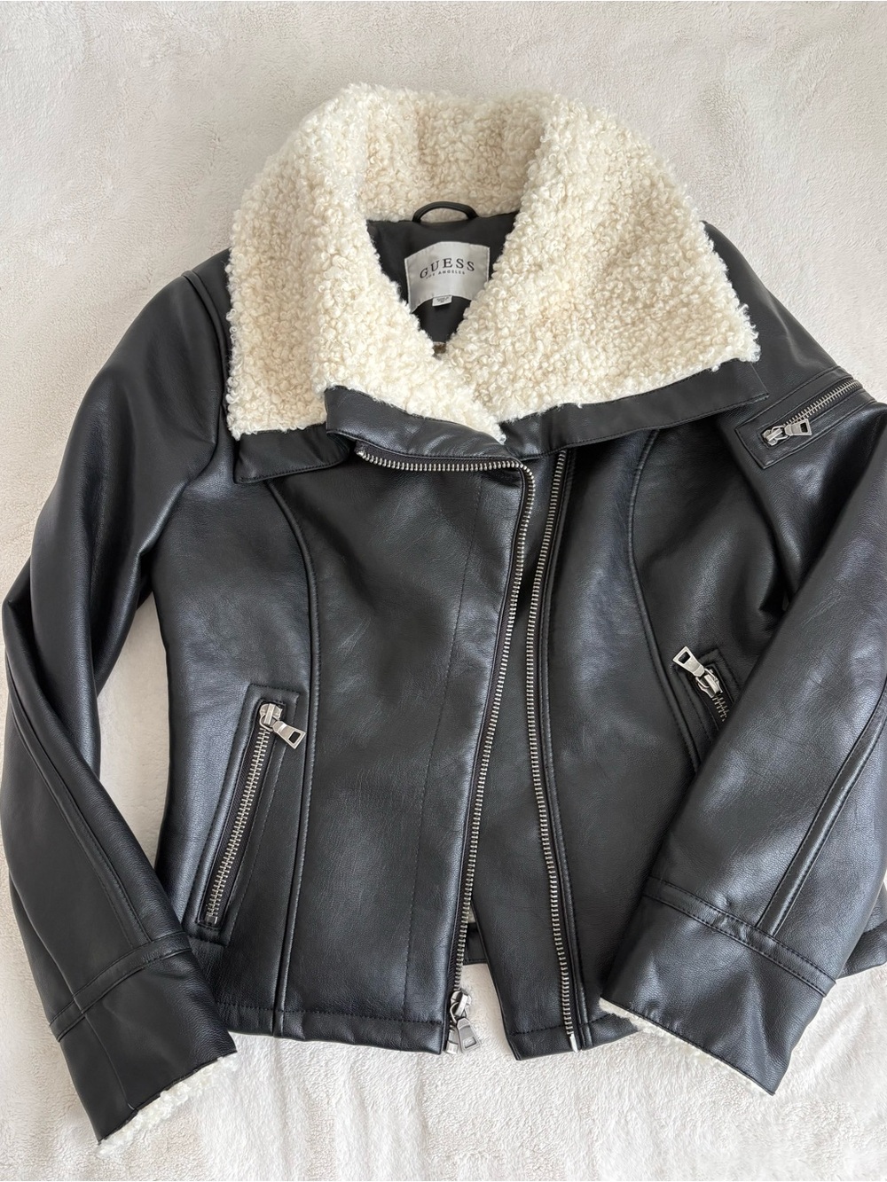 GUESS Faux Leather Sherpa Lined Asymmetrical Moto Biker Jacket Size M